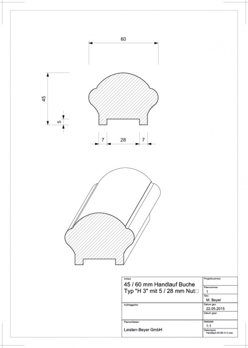 Handlauf Buche 45 mm x 60 mm H 3