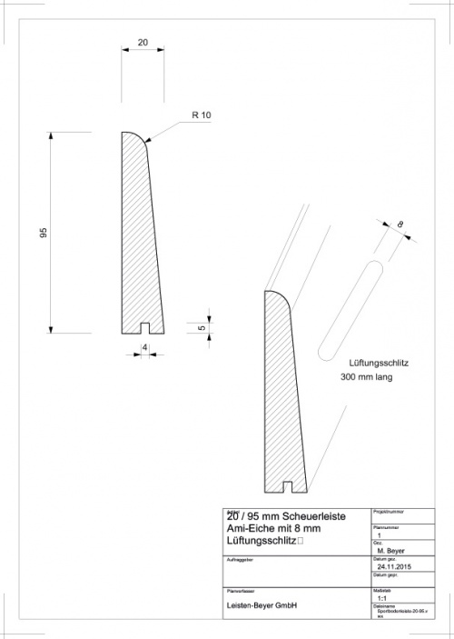 Sportbodenleiste Eiche 20 mm x 95 mm