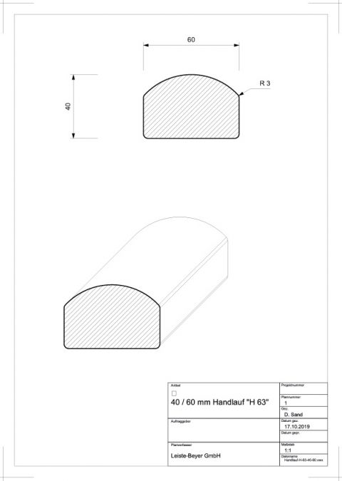 Handlauf Buche 40 mm x 60 mm H 63