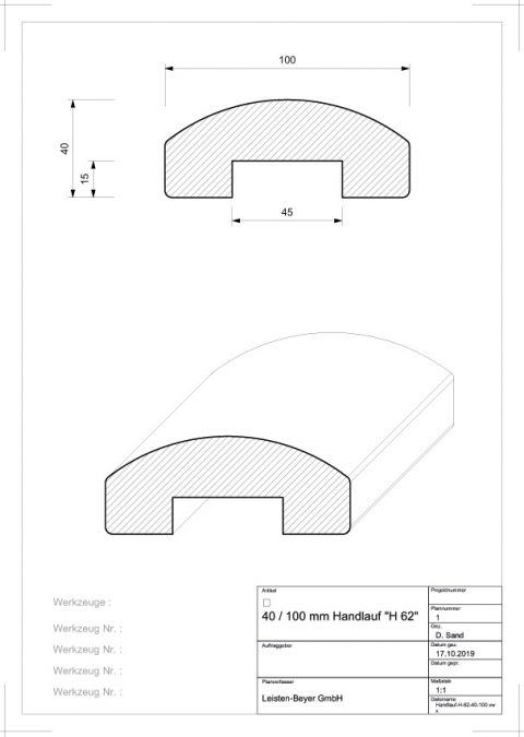 Handlauf Buche 40 x 100 mm H 62