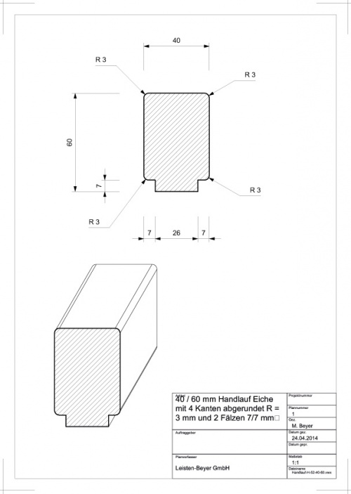 Handlauf Eiche 40 mm x 60 mm H 52