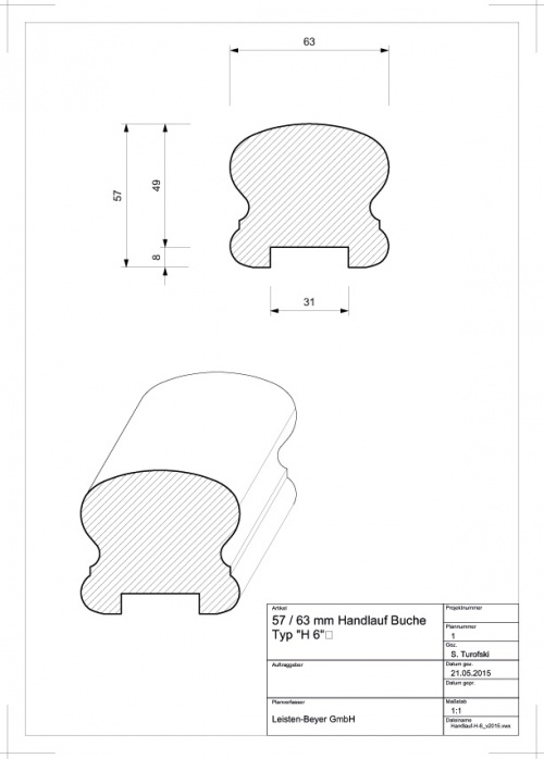 Handlauf Buche 57 mm x 63 mm H 6